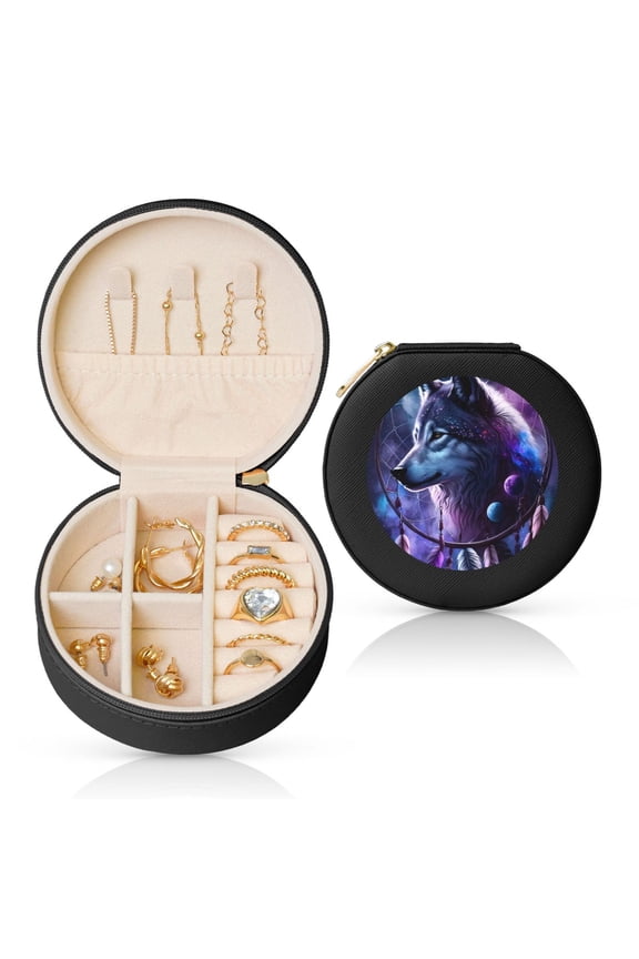 Feathered Wolf Round Jewelry Box, Travel Jewelry Organizer, 3.9 x 3.9 x 2in Jewelry Storage Box for Women-Black