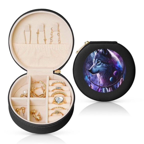 Naloa Feathered Wolf Round Jewelry Box, Travel Jewelry Organizer, 3.9 x 3.9 x 2in Jewelry Storage Box for Women-Black