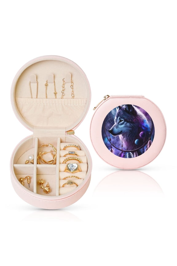 Feathered Wolf Round Jewelry Box, Travel Jewelry Organizer, 3.9 x 3.9 x 2in Jewelry Storage Box for Women-Pink