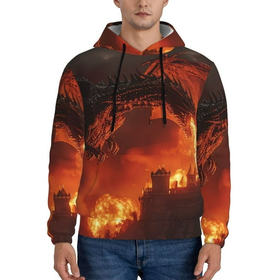Naloa Fiery Dragons Castle Attack Men's Casual Hooded Collar Drawstring Hoodies Pullover Sweatshirts Casual Long Sleeve Shirts-3X-Large