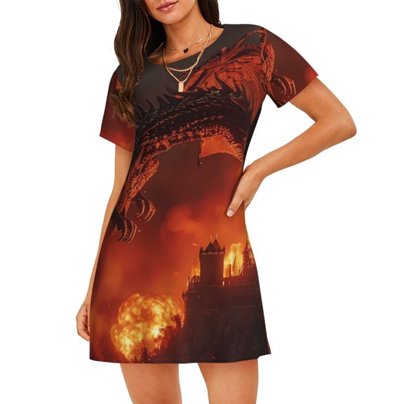 Naloa Fiery Dragons Castle Attack Print Women Nightgowns,Womens Loungewear,Short Sleeve Sleepwear,Comfy Ladies Nightdress