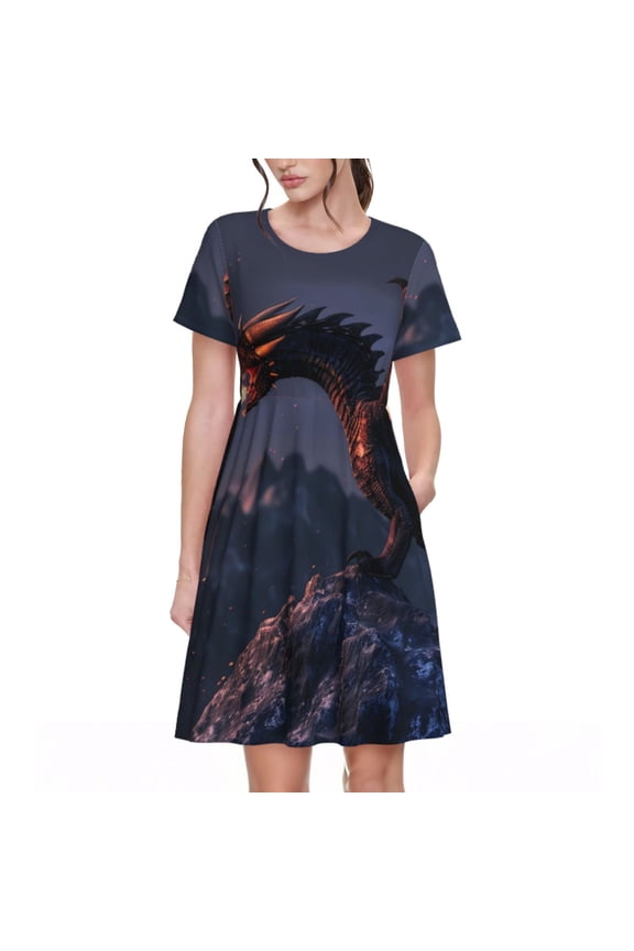 Fire Breathing Dragon Twilight Print Womens Summer A-Line Dress with Pockets,Short Sleeve Dresses,Flowy Beach Swing Dress for Vacation Travel