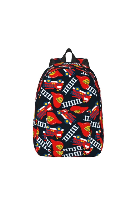 Fire Rescue With Red Helmet And Truck Canvas Backpack for Men Women Rucksack Casual Travel Daypack College Tote Satchel Bookbag for Teens-Small