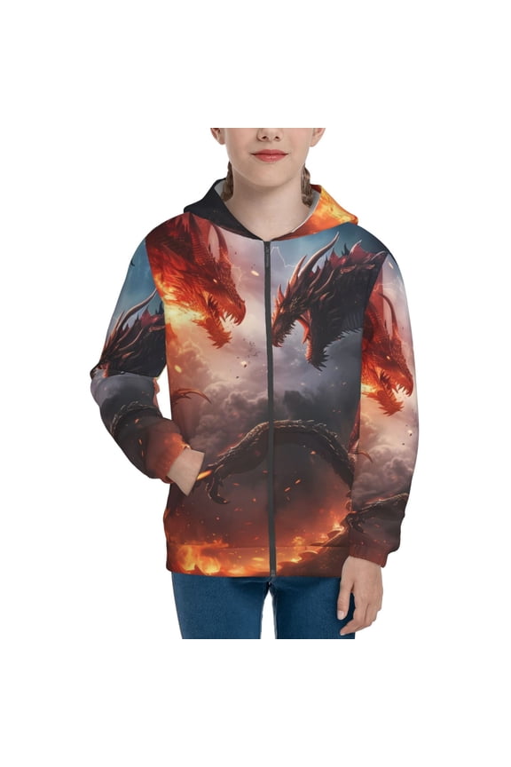 Fire Sky Dragon Teenage Zipper Hoodie, Long Sleeve Zip Up Hoodies Casual Jackets Tops for 7-12 Years-Medium
