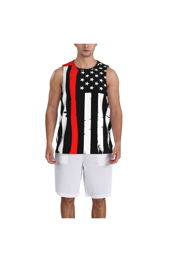 Firefighters USA Flag Basketball Jersey Reversible Men's Mesh Athletic Sports Shirts Training Practice S-4XLLarge
