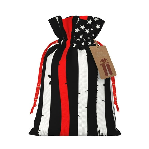 Naloa Firefighters USA Flag Drawstring Christmas Bags, 3D Xmas Gift Bags, Christmas Wrapping Bags, Xmas Goodie Bags, Treat Pouch Bags, Party Favor Bags-Medium