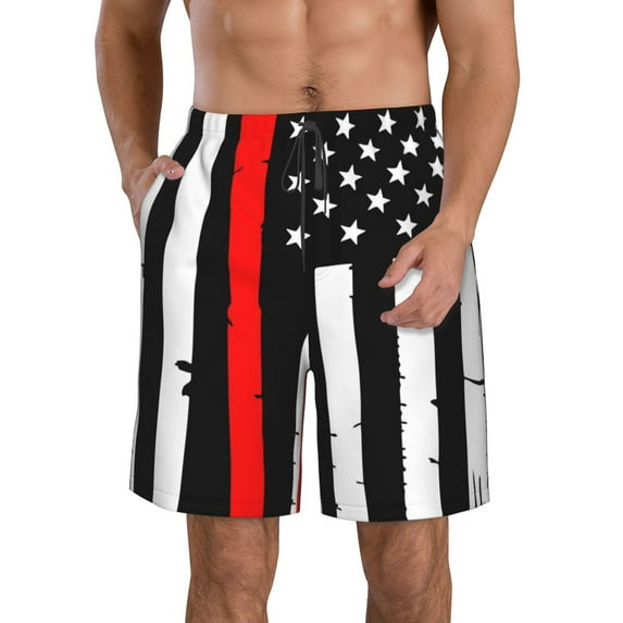 Naloa Firefighters USA Flag Men's Beach Shorts, Surfing shorts, Swim trunks, Quick Dry Swim Trunks for Surfing Beach Fun - X-Large