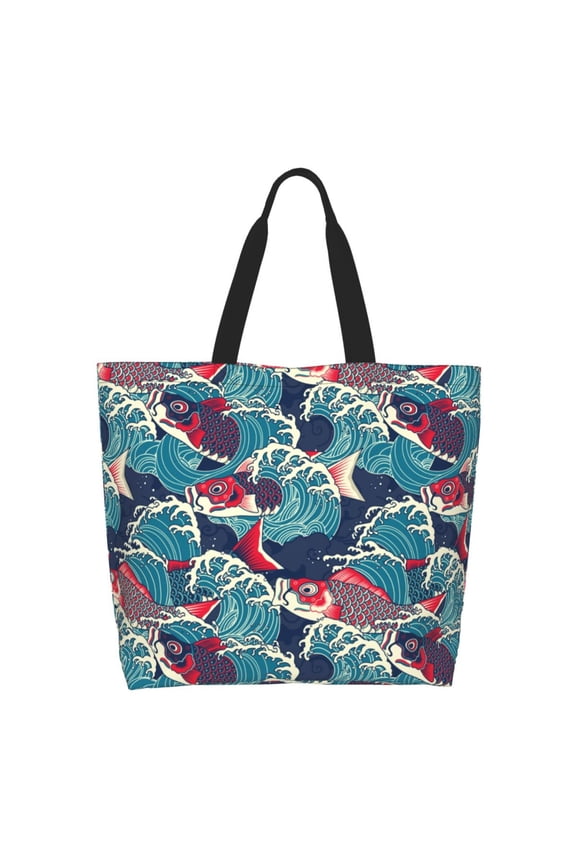 Fish In The Wave Tote Bag for Women Large Capacity Shoulder Bag for College Work Travel Shopping