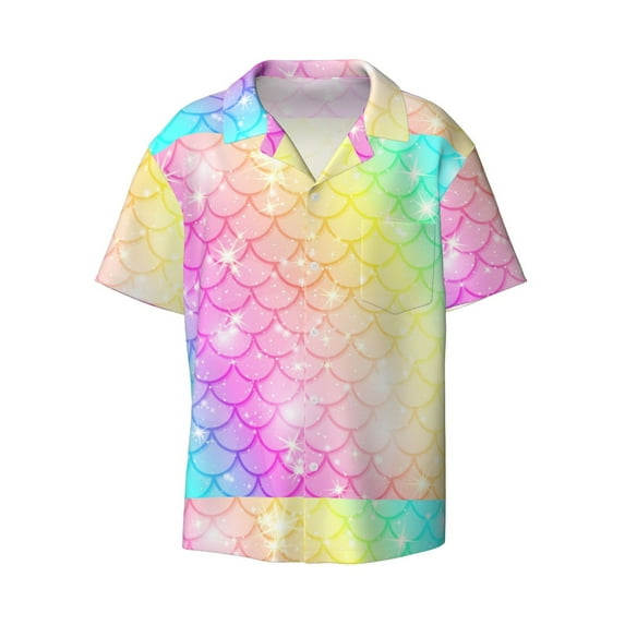 Naloa Fish Scale Men's Loose Fit Cuban Collar Short-Sleeve Shirt with Button-down and Chest Pocket for Everyday Wear Outings - X-Large