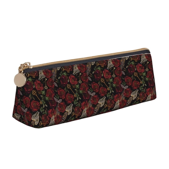 Naloa Fishbone Rose Print Leather Pencil Case - Portable Big Capacity Pencil Pouch Organizer Bag Stationery Bag for Work & Office Pencil Pen Case
