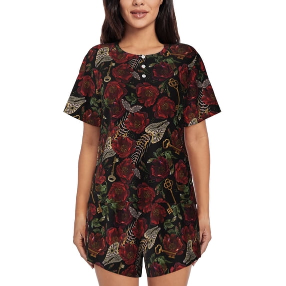 Naloa Fishbone Rose Women's Short-Sleeved Pajama Set, Loungewear, Summer pajamas, Breathable Cozy - 4X-Large