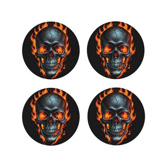 Naloa Flame Metal Skull Leather Coasters for Drinks, Durable Drink Coasters 4 Set for Tabletop Protection, Luxurious Home Décor and Housewarming Gift ( {designName})Round Shape