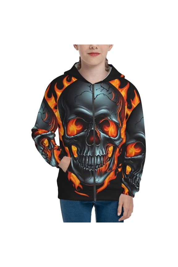 Flame Metal Skull Teenage Zipper Hoodie, Long Sleeve Zip Up Hoodies Casual Jackets Tops for 7-12 Years-Small