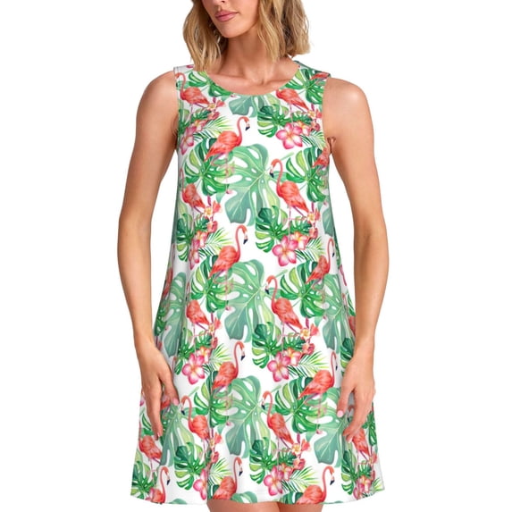 Naloa Flamingo And Monstera Print Women's Summer Spring Casual Beach Sundress,Vacation Sleeveless Tank Crewneck Loose Dresses