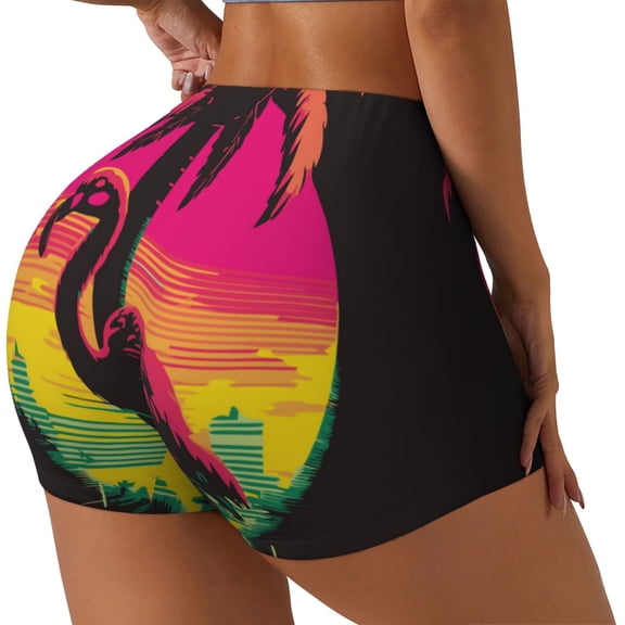 Naloa Flamingo And Palm Trees At Sunset Biker Shorts for Women Seamless Scrunch Short Women’s Yoga Shorts for Gym Running Sport Shorts-X-Large