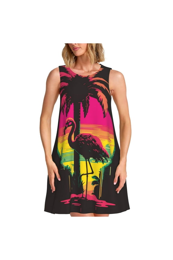 Flamingo And Palm Trees At Sunset Print Women's Summer Spring Casual Beach Sundress,Vacation Sleeveless Tank Crewneck Loose Dresses