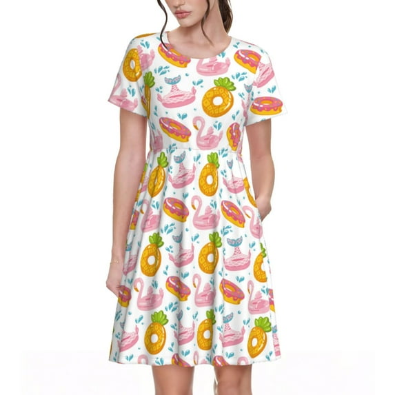 Naloa Flamingo And Pineapple Print Womens Summer A-Line Dress with Pockets,Short Sleeve Dresses,Flowy Beach Swing Dress for Vacation Travel
