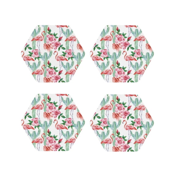 Naloa Flamingo Flower Leather Coasters for Drinks, Durable Drink Coasters 4 Set for Tabletop Protection, Luxurious Home Décor and Housewarming Gift ( {designName})Hexagon