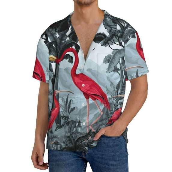 Naloa Flamingo On The Jungle Men's Loose Fit Cuban Collar Short-Sleeve Shirt, Hawaiian Shirts, Mens Shirts Casual for Everyday Wear Outings-Small
