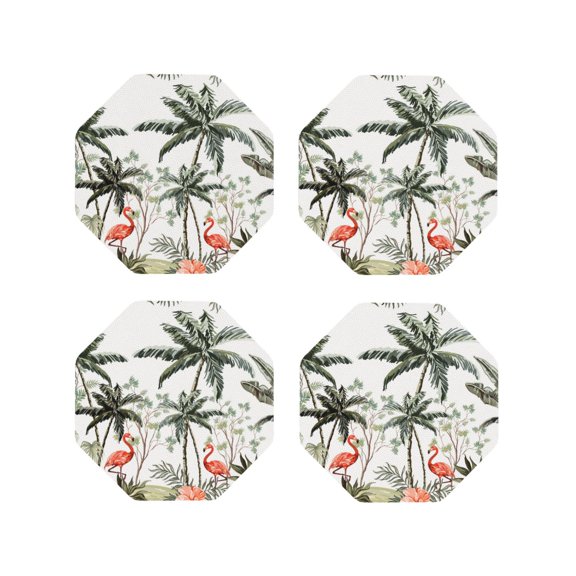 Naloa Flamingo Palm Trees Leather Coasters for Drinks, Durable Drink Coasters 4 Set for Tabletop Protection, Luxurious Home Décor and Housewarming Gift ( {designName})Octagon