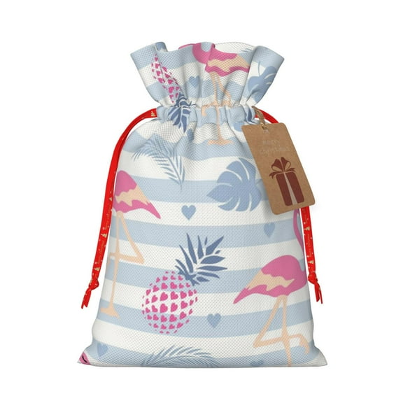 Naloa Flamingo and Pineapple Drawstring Christmas Bags, 3D Xmas Gift Bags, Christmas Wrapping Bags, Xmas Goodie Bags, Treat Pouch Bags, Party Favor Bags-Small