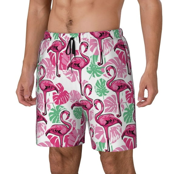 Naloa Flamingo Print Men Swim Trunks with Compression Liner ,Board Shorts,Men's Swim Shorts with Drawstring and Elastic Waistband-Small