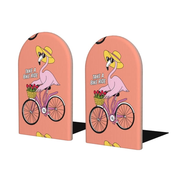 Naloa Flamingo Riding a Bicycle Wood Non-Skid Bookend for Shelves,Book Ends for Heavy Books, Book Stand for CDs,1 Pair
