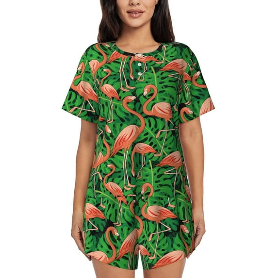 Naloa Flamingo Women's Short-Sleeved Pajama Set, Loungewear, Summer pajamas, Breathable Cozy - X-Large