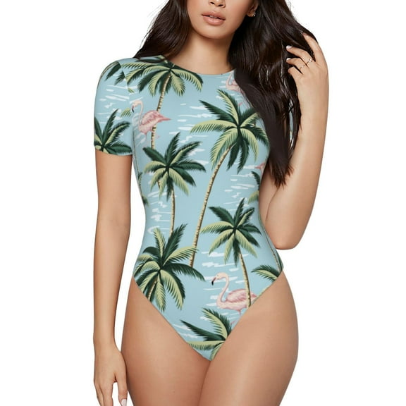 Naloa Flamingos And Palms Women's Short-Sleeved Onesie, One-Piece Swimsuit for Parties, dates, clubs - Small
