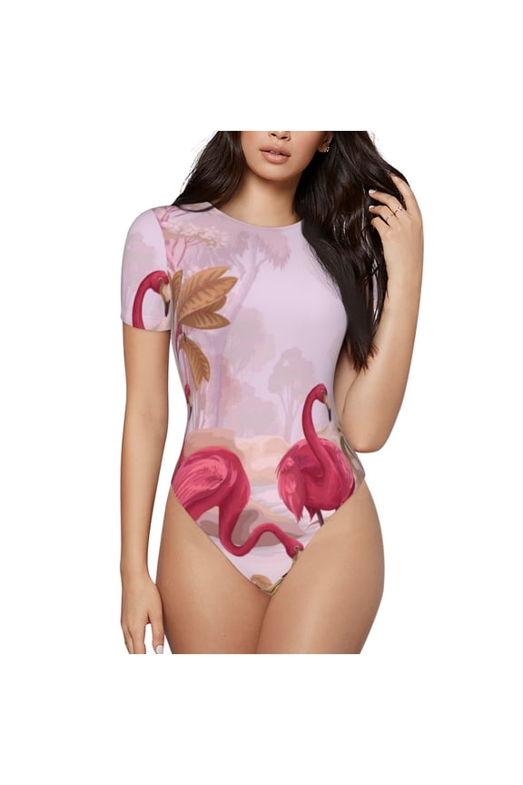 Flamingos In The Tropical Forest Bodysuits for Women, Women's Short-Sleeved Onesie, One-Piece for Parties, dates, clubs-Large