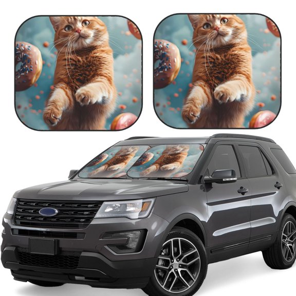 Naloa Floating Cat And Donuts Print 2-Piece Windshield Sunshade,Foldable Car Front Window Sun Shades,for Most Sedans SUV Truck-Small