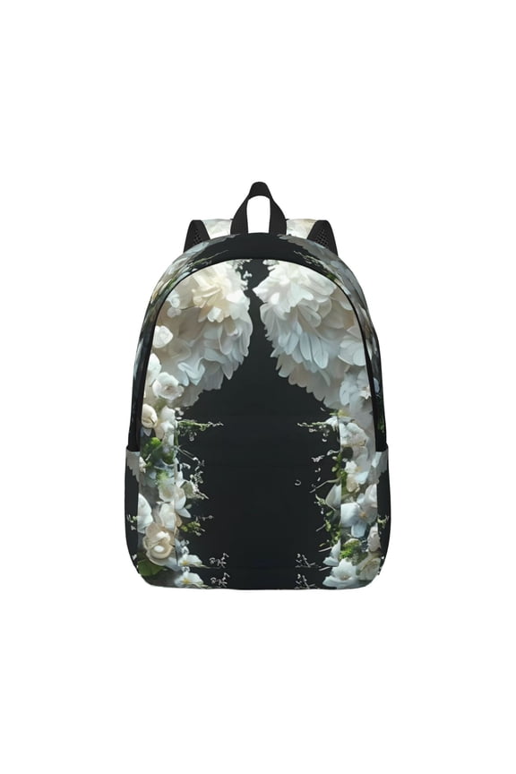 Floral Angelic White Wings Canvas Backpack for Men Women Rucksack Casual Travel Daypack College Tote Satchel Bookbag for Teens-Medium