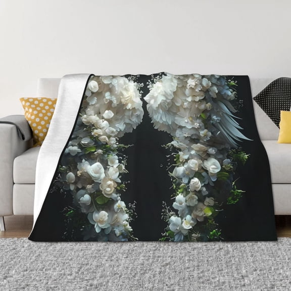 Naloa Floral Angelic White Wings Flannel Fleece Throw Blanket for Bed Couch, Thick Blanket - All Seasons Suitable for Women, Men and Kids-60"x50"
