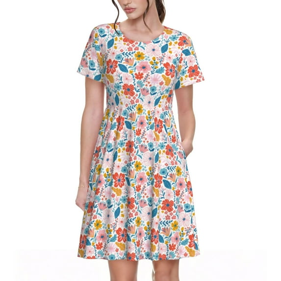 Naloa Floral Ditsy Print Womens Summer A-Line Dress with Pockets,Short Sleeve Dresses,Flowy Beach Swing Dress for Vacation Travel