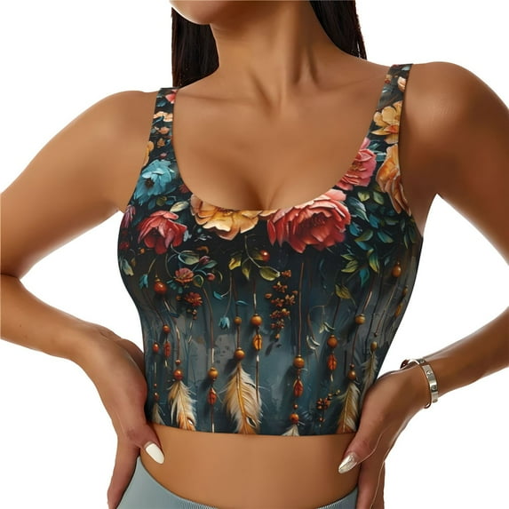 Naloa Floral Dreamcatcher Elegance Sports Bras for Women,Sports Bras for Women High Support with Removable Pads-X-Large