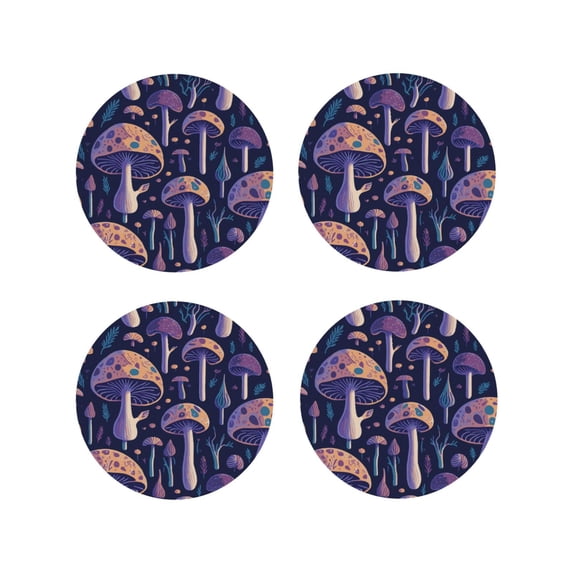 Naloa Floral Hippie Mushrooms Leather Coasters for Drinks, Durable Drink Coasters 4 Set for Tabletop Protection, Luxurious Home Décor and Housewarming Gift ( {designName})Round Shape