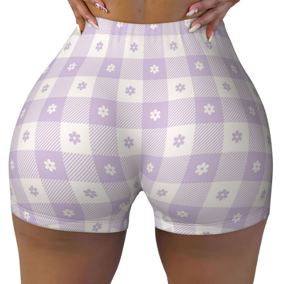 Naloa Floral Purple Buffalo Plaid Biker Shorts for Women Seamless Scrunch Short Women’s Yoga Shorts for Gym Running Sport Shorts - Medium