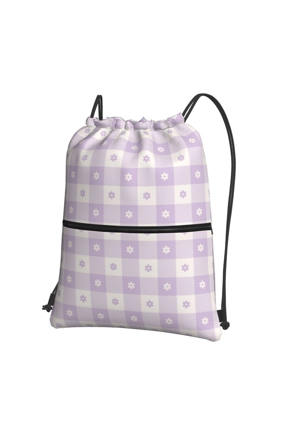 Floral Purple Buffalo Plaid Drawstring Backpack String Bag Cinch Water Resistant for Gym Shopping Sport Yoga