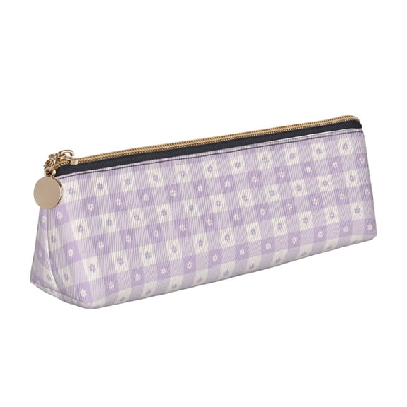 Naloa Floral Purple Buffalo Plaid Print Leather Pencil Case - Portable Big Capacity Pencil Pouch Organizer Bag Stationery Bag for Work & Office Pencil Pen Case