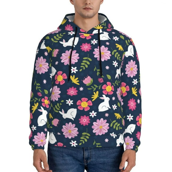 Naloa Floral Rabbit Men's Casual Hooded Collar Drawstring Hoodies Pullover Sweatshirts Casual Long Sleeve Shirts-Small