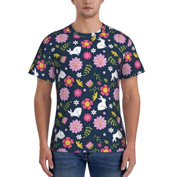 Naloa Floral Rabbit Men's T-Shirt Sport T-shirt Men's Basic Tee Casual Men's Shirt, Round Neck, Short Sleeves - Medium