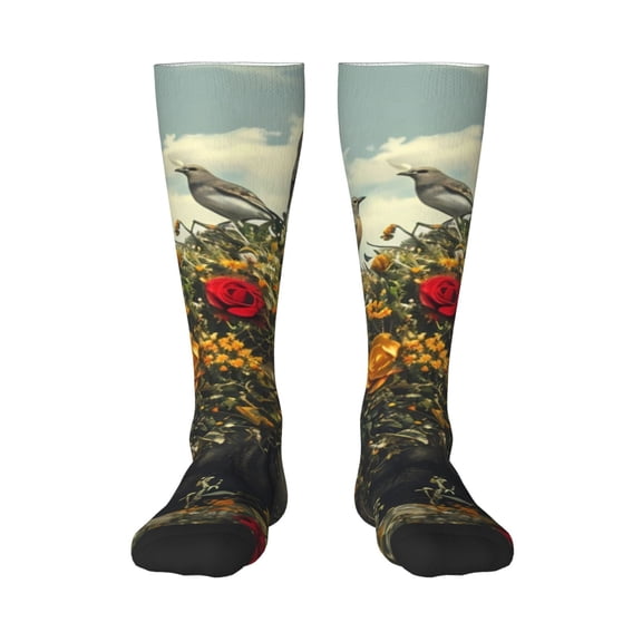 Naloa Floral Rhino With Birds Knee Socks, High Socks Long Stretchy Sock Women Knee High Stocking, Long Socks for Women
