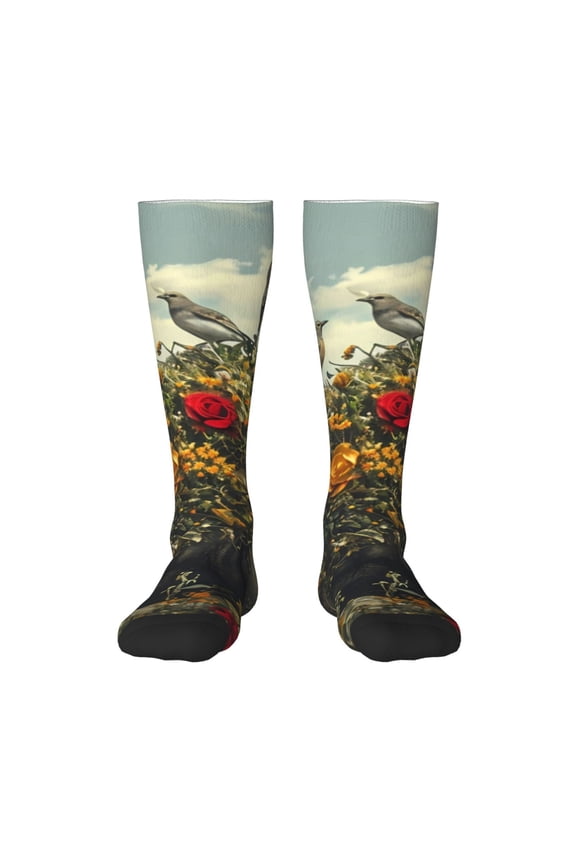 Floral Rhino With Birds Knee Socks, High Socks Long Stretchy Sock Women Knee High Stocking, Long Socks for Women