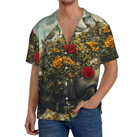 Naloa Floral Rhino With Birds Men's Loose Fit Cuban Collar Short-Sleeve Shirt, Hawaiian Shirts, Mens Shirts Casual for Everyday Wear Outings-Medium