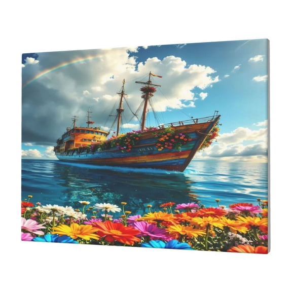 Naloa Floral Ship On Ocean Print Canvas Picture,Wall Pictures, Modern Decorative Poster,Art Prints for Bedroom, Toilet, 40 x 30 cm, Built-in Wooden Frame