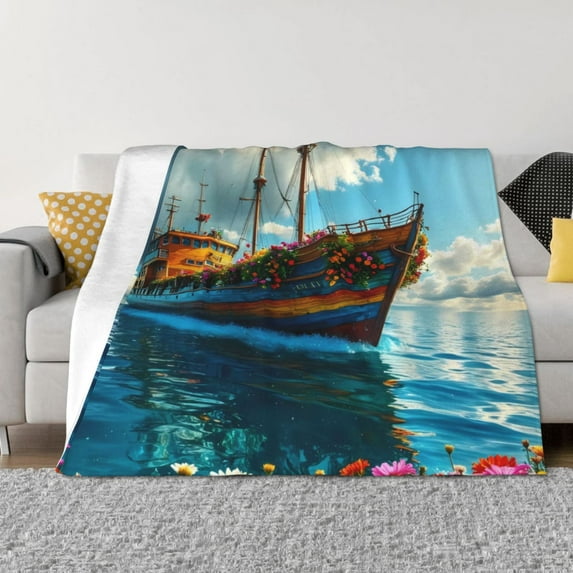 Naloa Floral Ship On Ocean Flannel Fleece Throw Blanket for Bed Couch, Thick Blanket - All Seasons Suitable for Women, Men and Kids-80"x60"