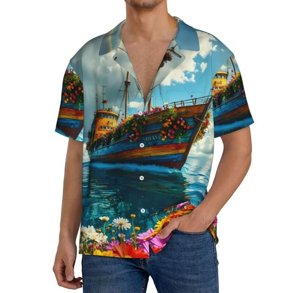 Naloa Floral Ship On Ocean Men's Loose Fit Cuban Collar Short-Sleeve Shirt, Hawaiian Shirts, Mens Shirts Casual for Everyday Wear Outings-3X-Large