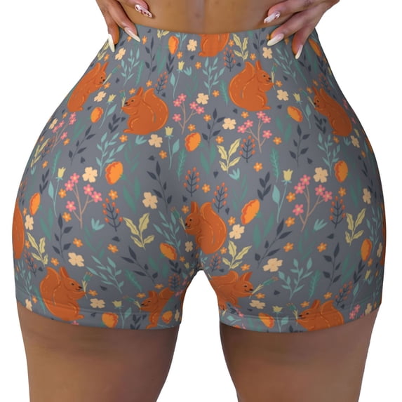 Naloa Floral Squirrel Biker Shorts for Women Seamless Scrunch Short Women’s Yoga Shorts for Gym Running Sport Shorts - Large