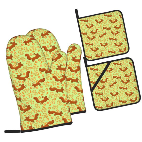 Naloa Floral Squirrel Oven Mitts and Pot Holders 4 pcs Set, Cooking Baking Grilling Kitchen Oven Glove for Cooking