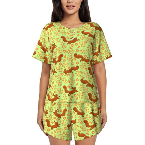 Naloa Floral Squirrel Women's Short-Sleeved Pajama Set, Loungewear, Summer pajamas, Breathable Cozy - Large